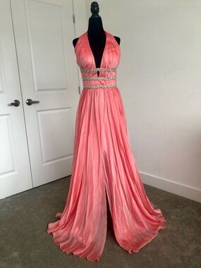 New La Femme Coral Halter Prom Dress with Jeweled Waistbands Without Tag
